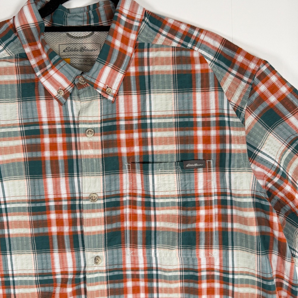 Eddie Bauer Shirt Mens 2XL Orange Green Plaid Short Sleeve Classic Fit Hiking